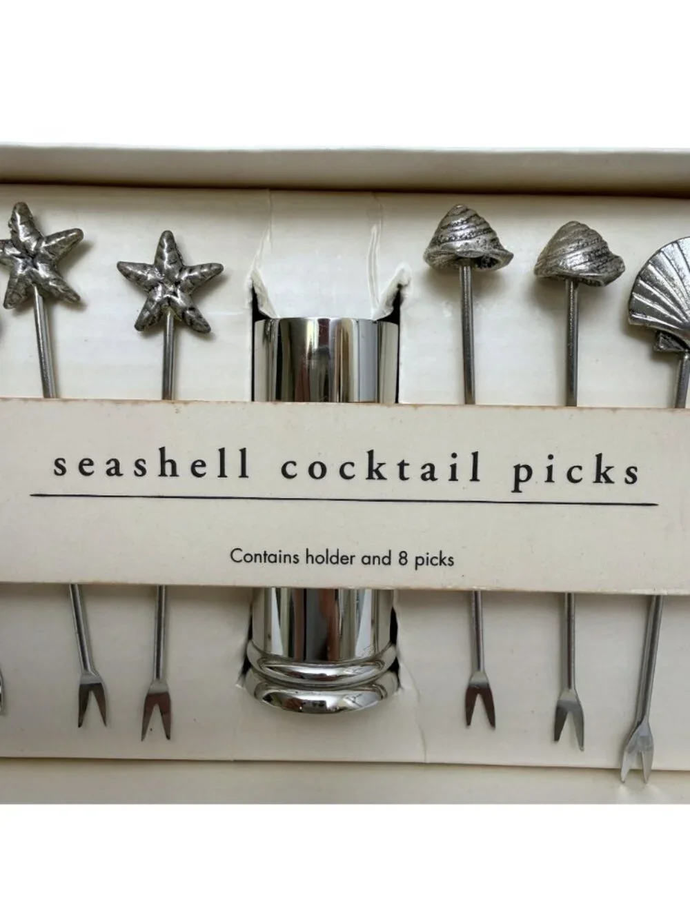 PIER 1 Seashell Cocktail Picks Set 8 with Holder Metal Charcuterie Forks New